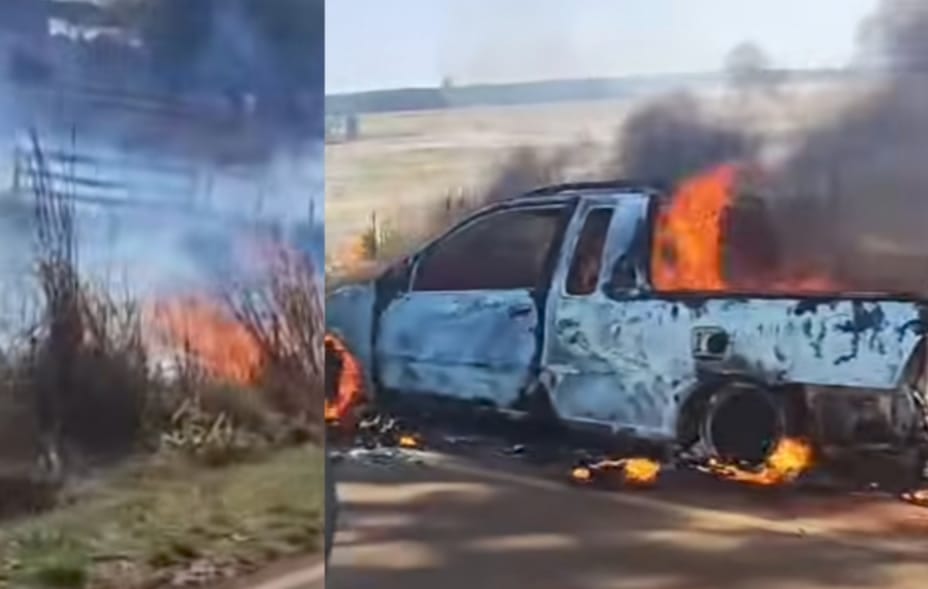 Carro fica em chamas e incêndio atinge margens de Estrada