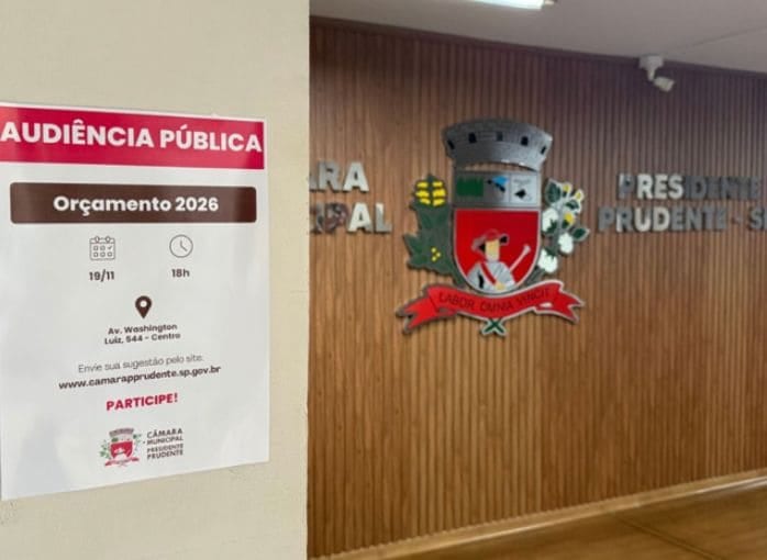 Câmara de Prudente realiza audiência pública para discutir orçamento 2026 nesta quarta-feira