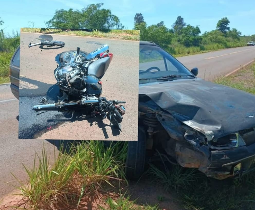 Acidente entre carro e moto deixa duas pessoas gravemente feridas na Vicinal Aymoré, em Presidente Venceslau