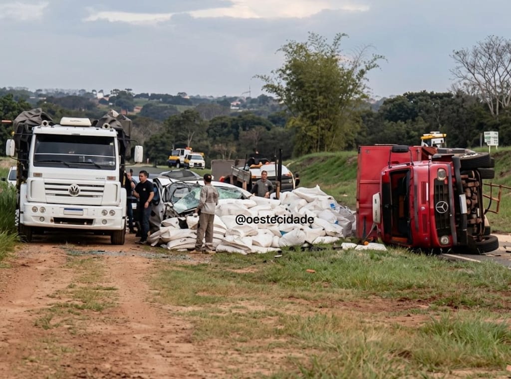 Caminhão com carga de ração tomba na alça de acesso da Rodovia Raposo Tavares